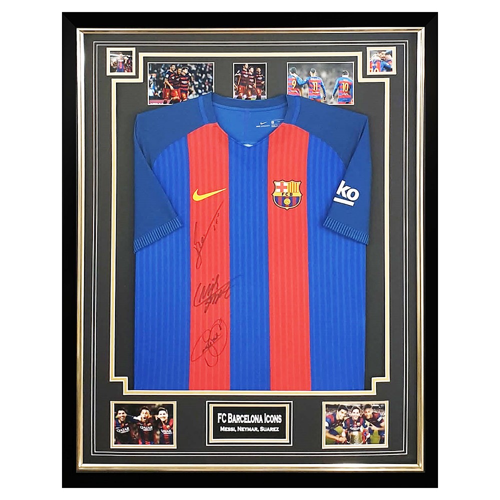 Signed 12x8 Black Soccer Lional Messi Neymar Jr Luis Suarez Barcelona Autographed Photo Photograph Football Picture Frame Gift A4