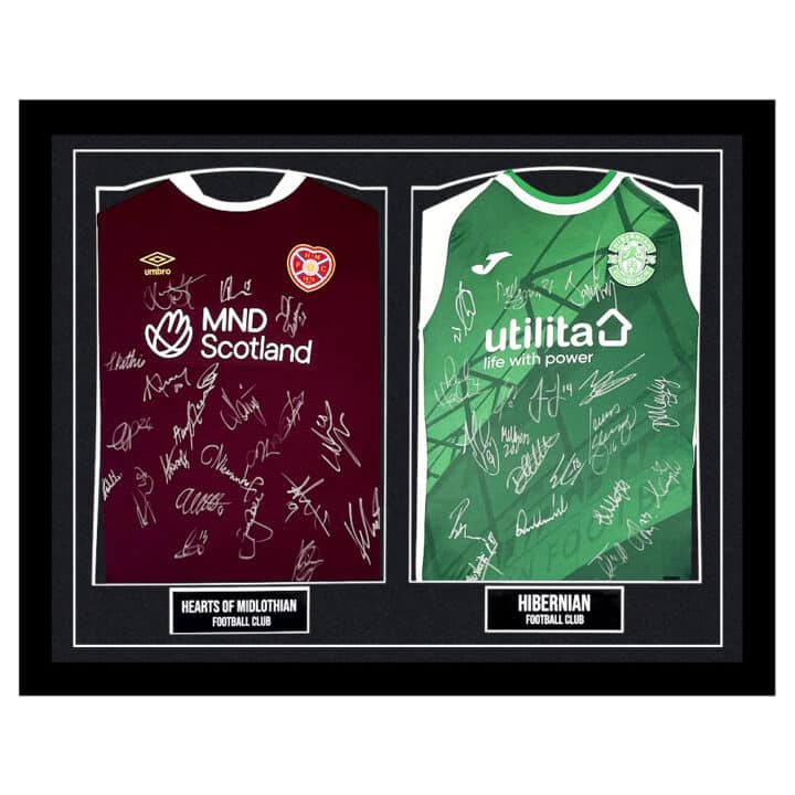 Signed Hearts & Hibernian Framed Duo Shirts - Squad Autograph