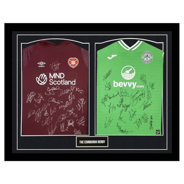 Signed Hearts & Hibernian Framed Duo Shirts - The Edinburgh Derby