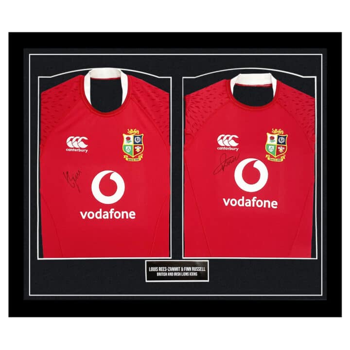 Signed Louis Rees-Zammit & Finn Russell Framed Duo Shirts - Lions Icons