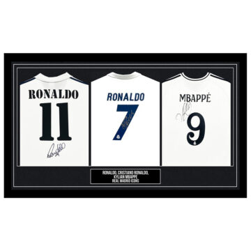 Signed Ronaldo, Cristiano Ronaldo & Kylian Mbappe Framed Trio Shirts - Real Madrid Icons