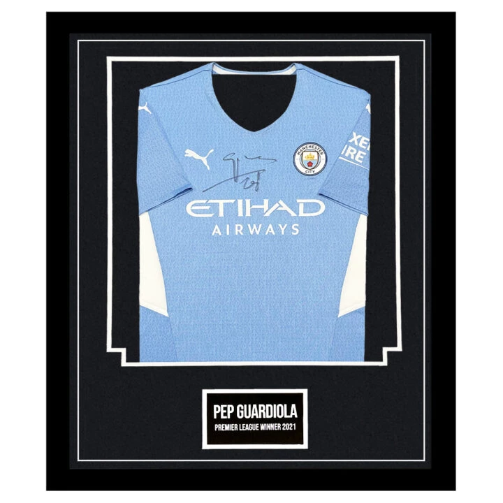 Signed Pep Guardiola Manchester City Framed Shirt - PL Winner 2021