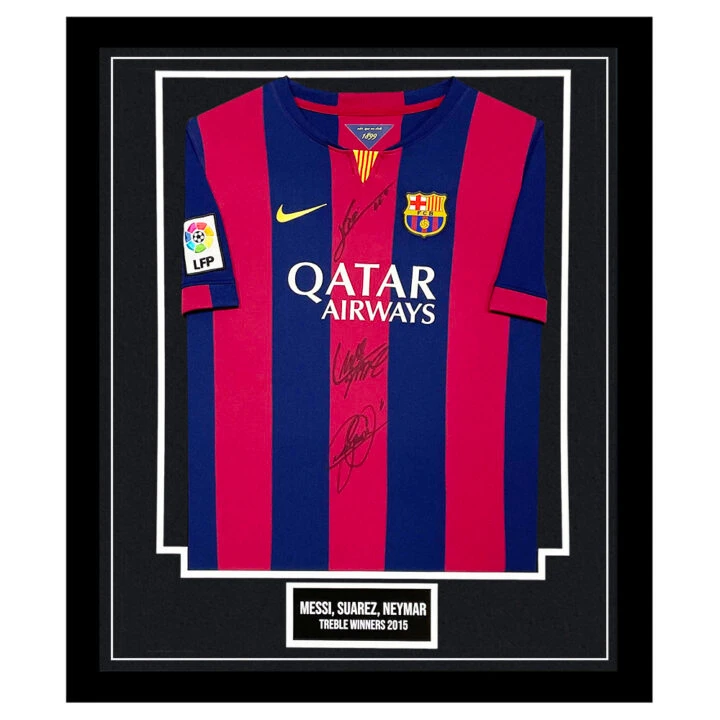 Signed Messi, Suarez & Neymar Framed Shirt - Treble Winners 2015