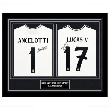 Signed Carlo Ancelotti & Lucas Vazquez Framed Duo Shirts - Real Madrid 2025