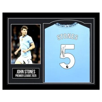 Framed John Stones Signed Shirt - Premier League 2025