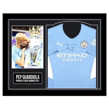 Framed Pep Guardiola Signed Shirt - Premier League Winner 2021