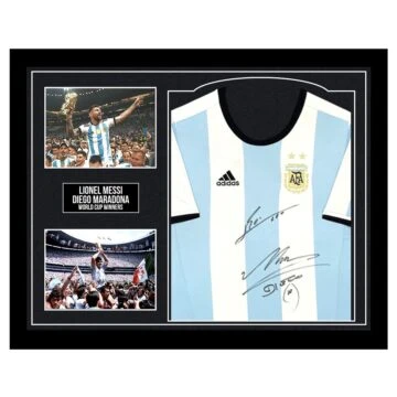 Framed Lionel Messi & Diego Maradona Signed Shirt - World Cup Winners