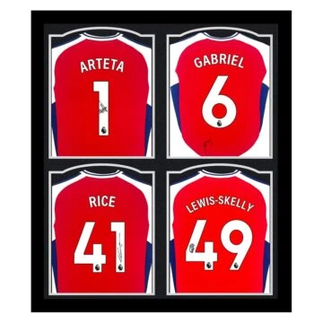 Signed Arteta, Gabreil, Rice & Lewis-Skelly Framed Shirts - Arsenal FC 2025 - Silver Design
