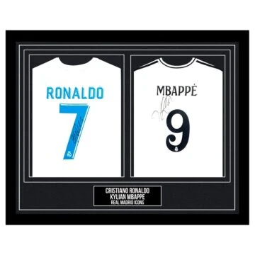 Signed Cristiano Ronaldo & Kylian Mbappe Framed Duo Shirts - Real Madrid Icons