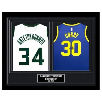 Signed Giannis Antetokounmpo & Steph Curry Framed Duo Jerseys - NBA 2025