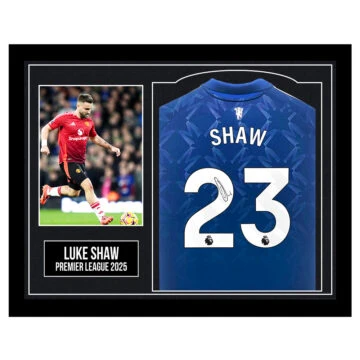 Framed Luke Shaw Signed Away Shirt - Premier League 2025