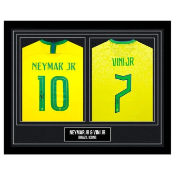 Signed Neymar Jr & Vini JR Framed Duo Shirts - Brazil Icons